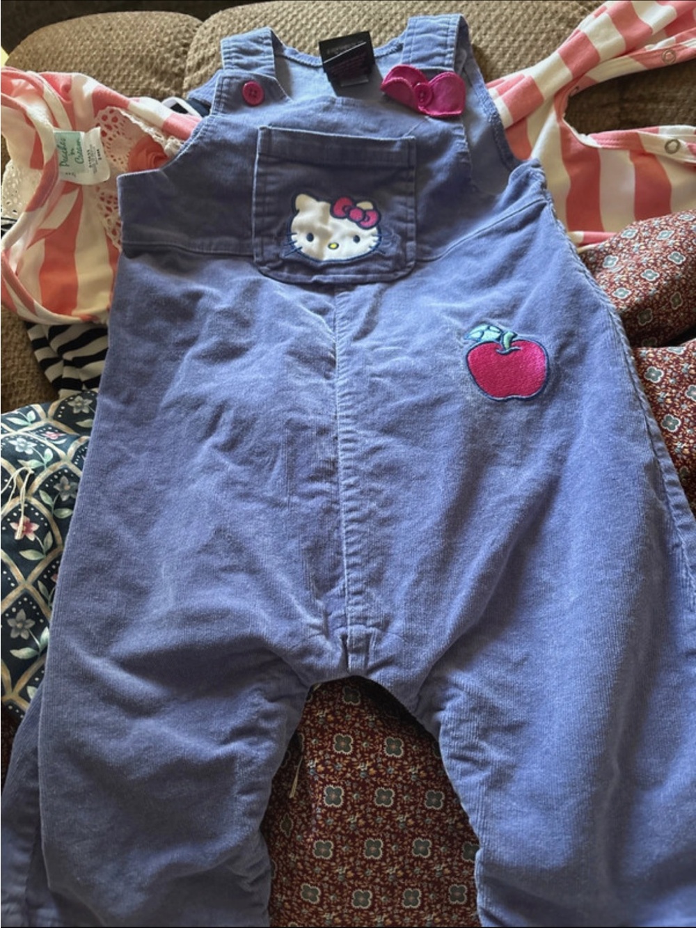 Hello Kitty Purple Corduroy Overalls with Pink Apple Patch